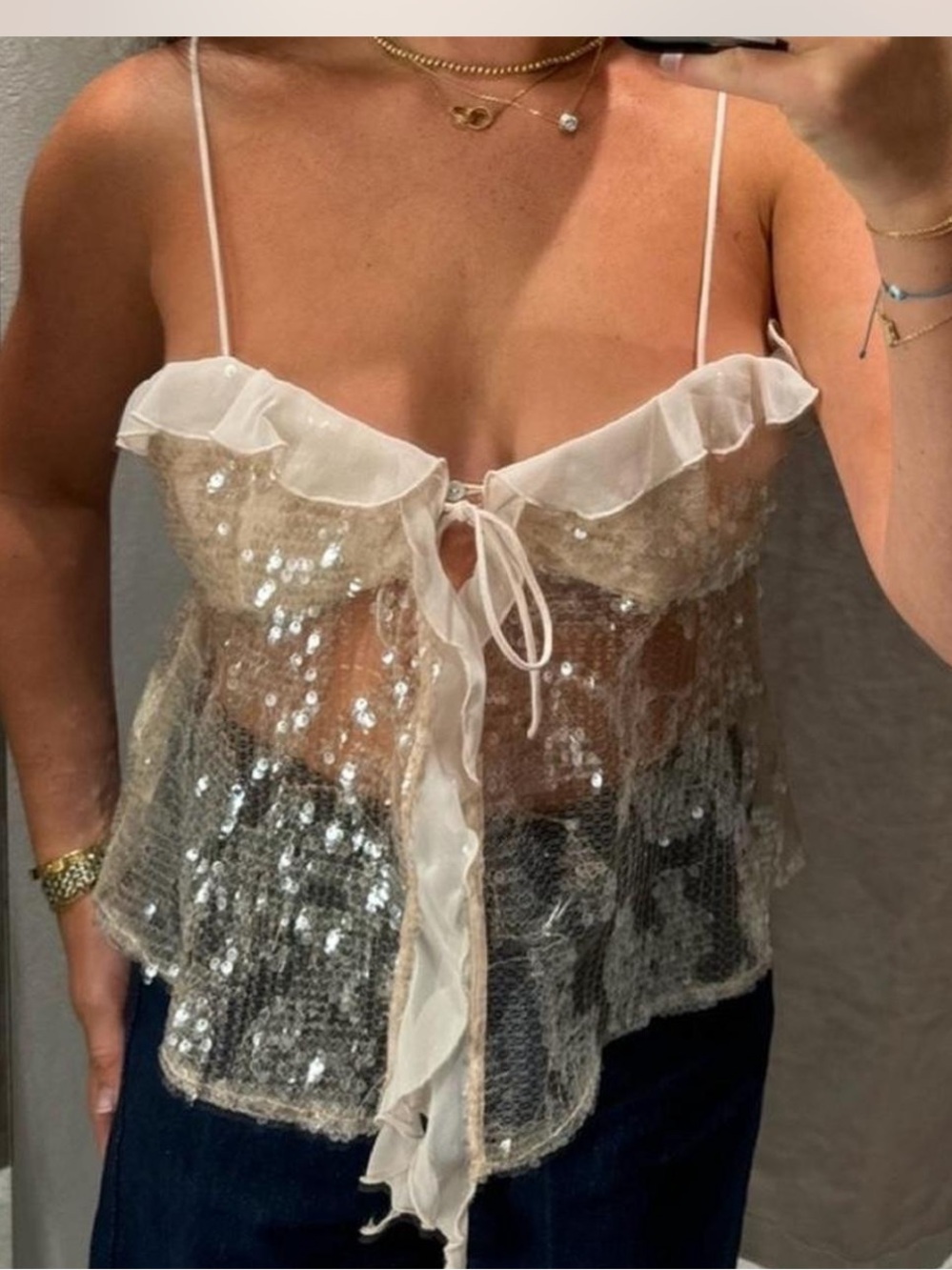 NEW ZARA pink silver sequin ruffle cami with tie front